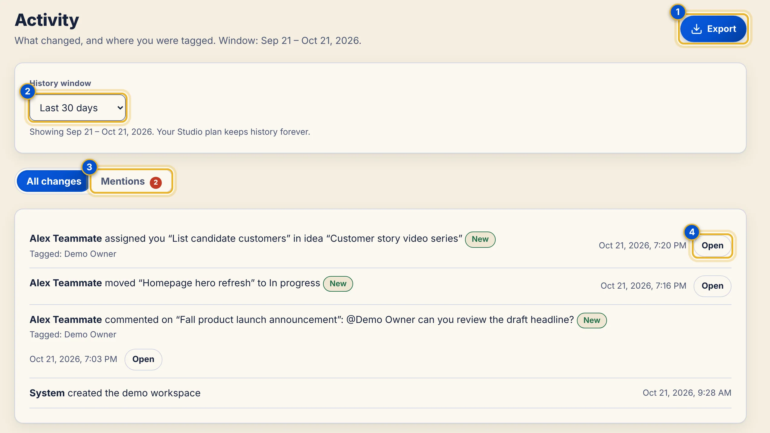 The Activity tab with callouts for Export, the History window, the Mentions tab and an Open button on an item.