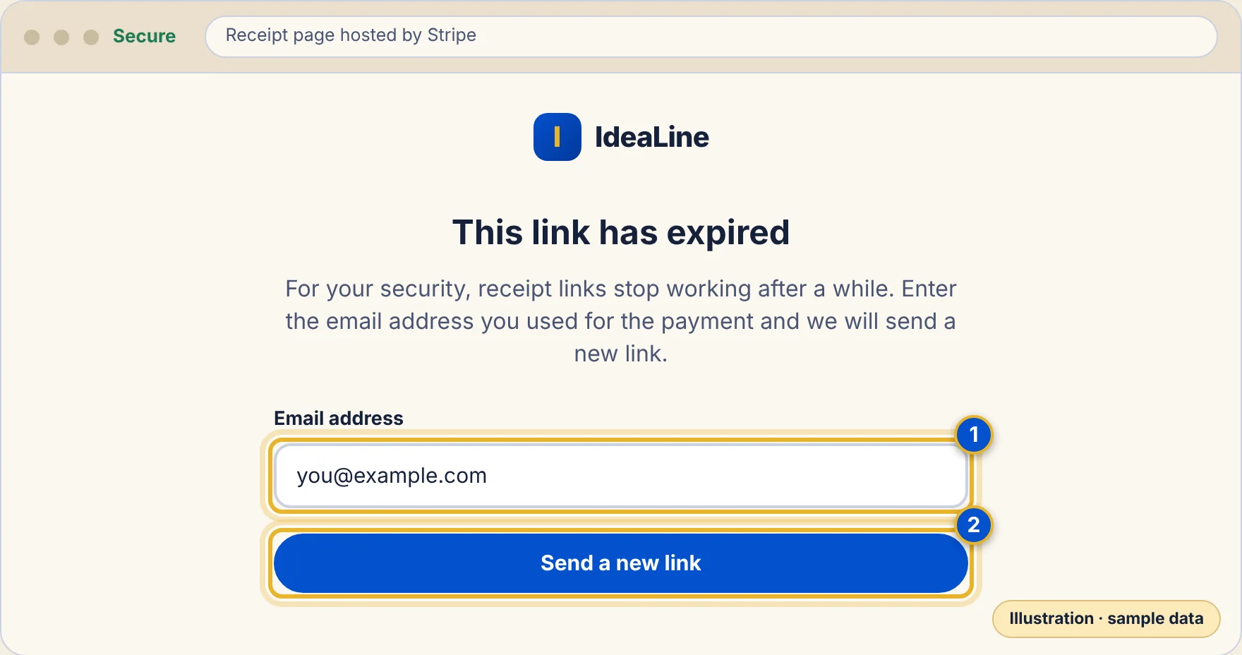 A drawing of an expired link page with an email box and a Send a new link button.