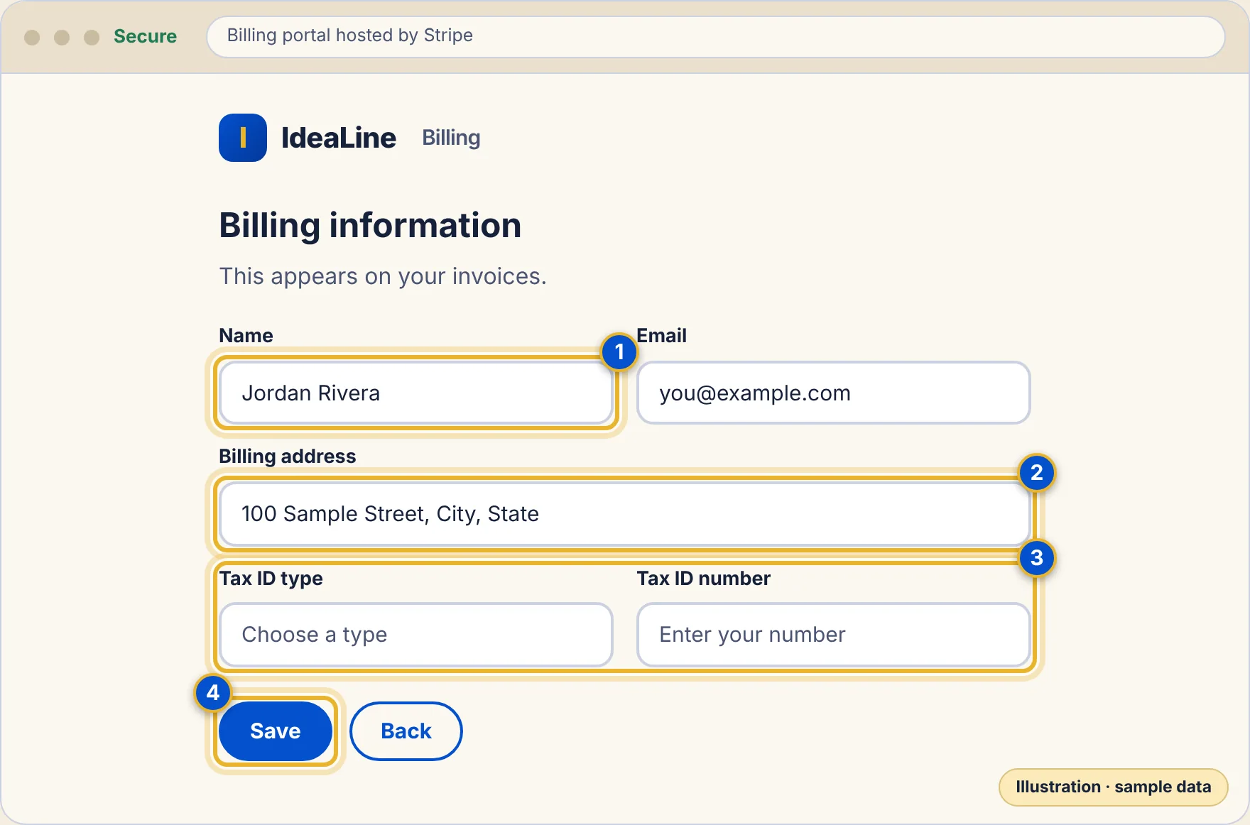 A drawing of a billing information form with name, email, address and tax ID fields.