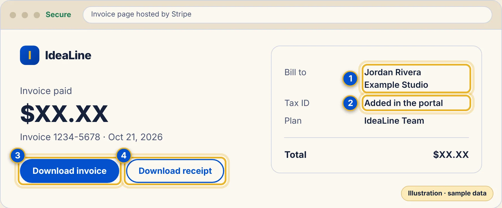 A drawing of an invoice page showing who it is billed to, the tax ID and two download buttons.