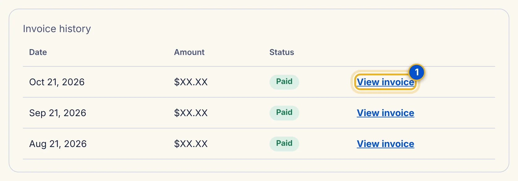 A drawing of the invoice history list with dates, amounts, Paid status and a View invoice link on each row.
