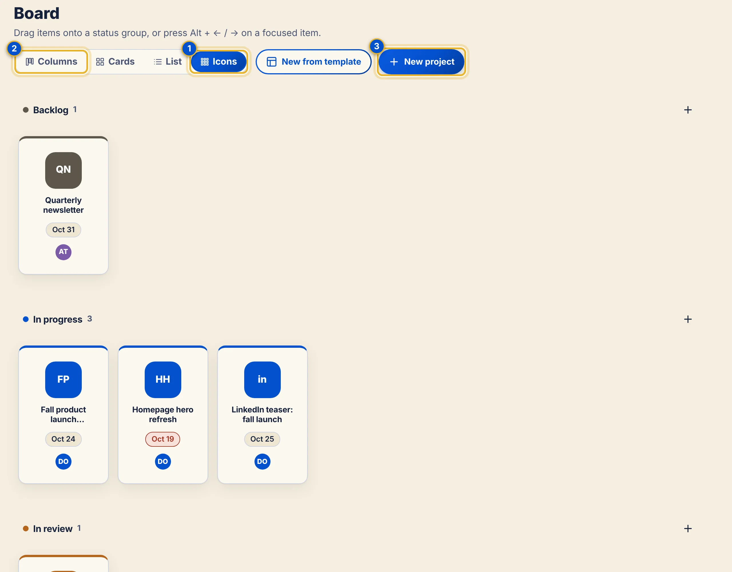 The Board in Icons layout showing compact colored tiles.