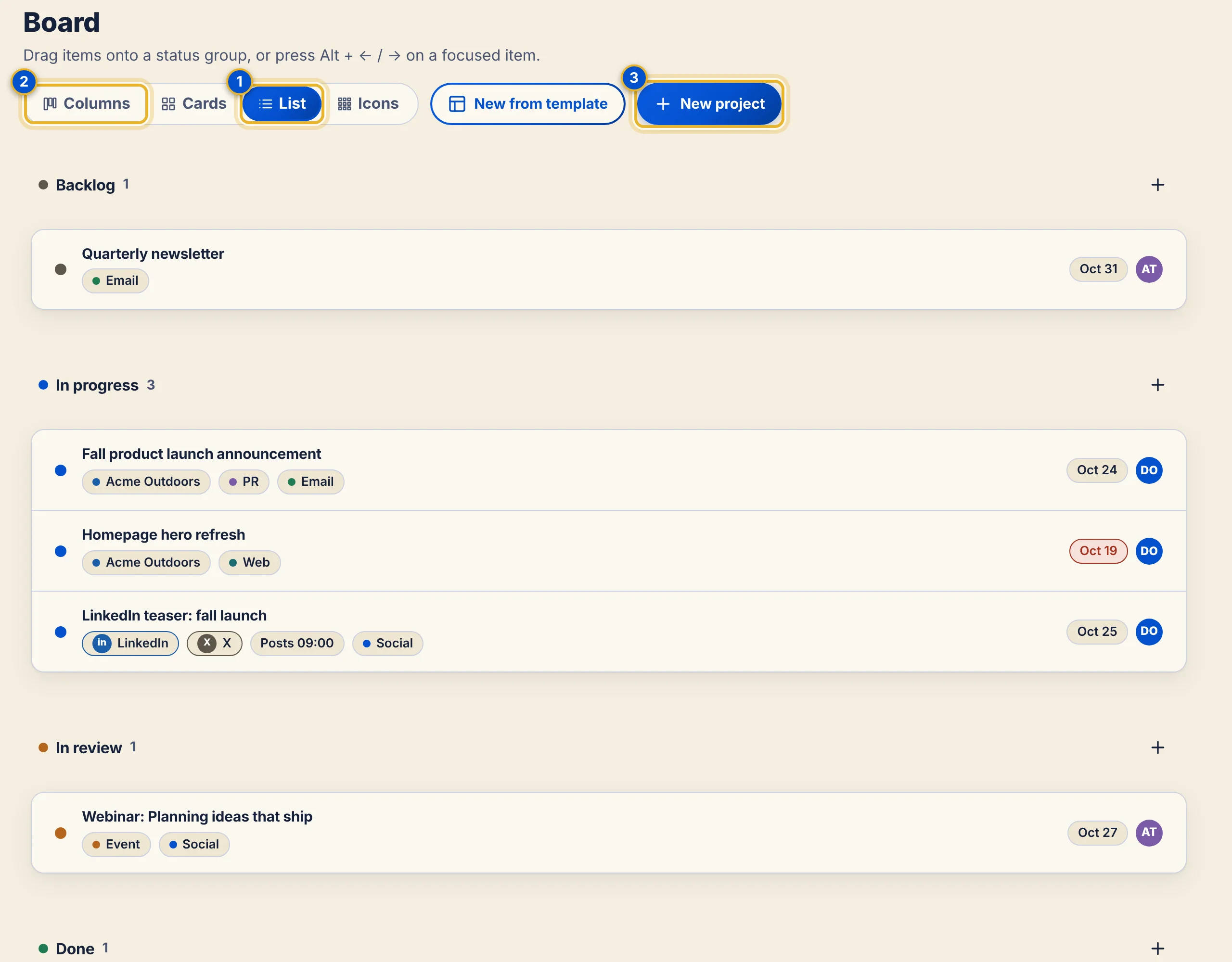 The Board in List layout with one row per project.