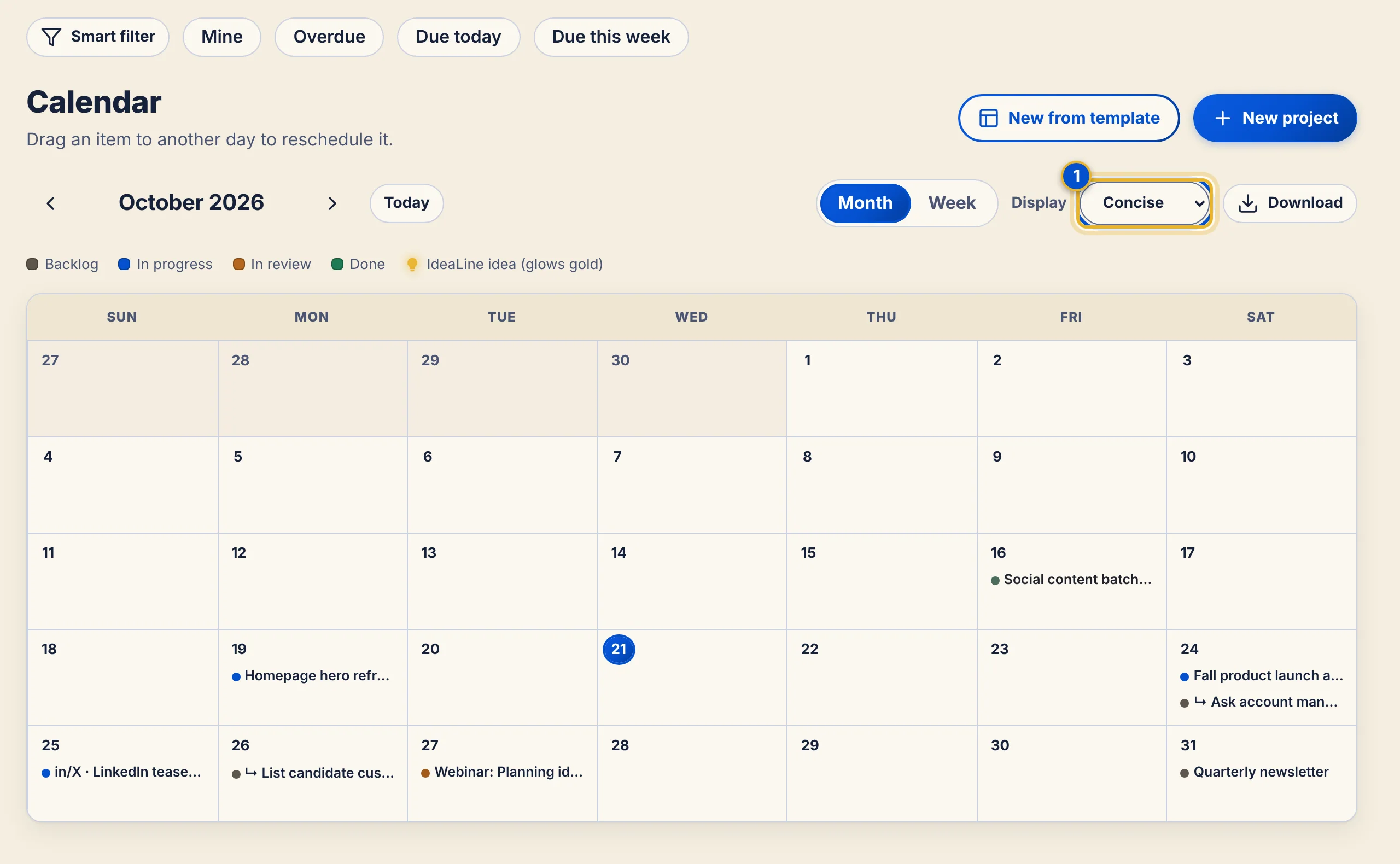 The month view in Concise size showing small dots with short titles.
