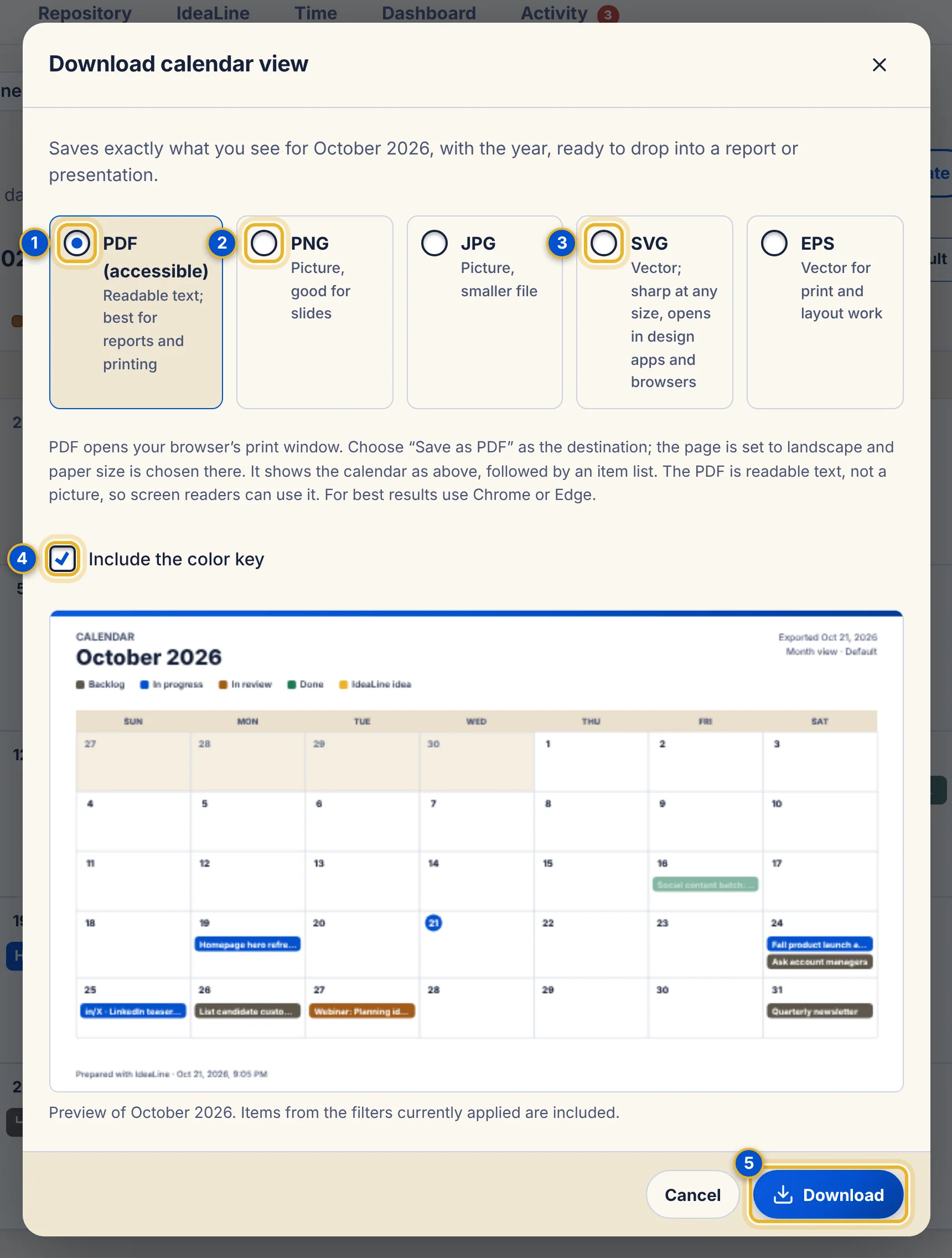 The Download calendar view window with five file choices (PDF accessible, PNG, JPG, SVG and EPS), an Include the color key checkbox, a preview of October 2026 and Cancel and Download buttons.