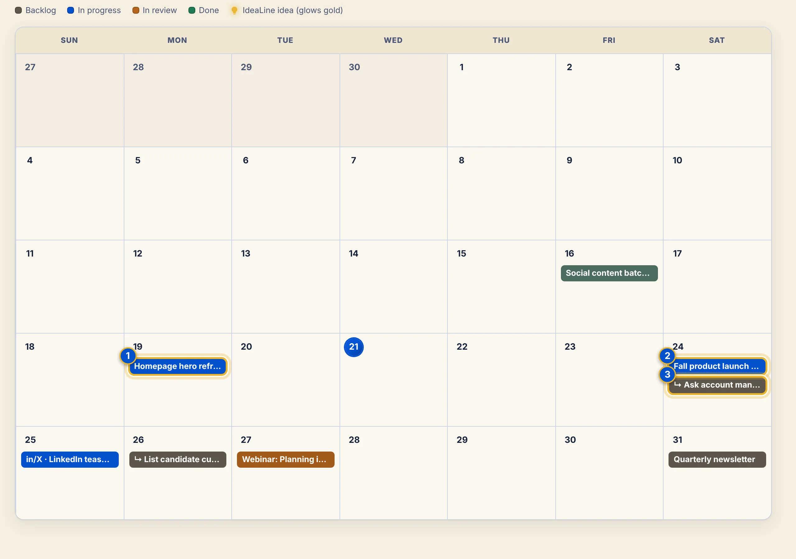 The month view of the calendar with three projects marked: a project on the 19th, a project on the 24th and a subtask-style item below it.