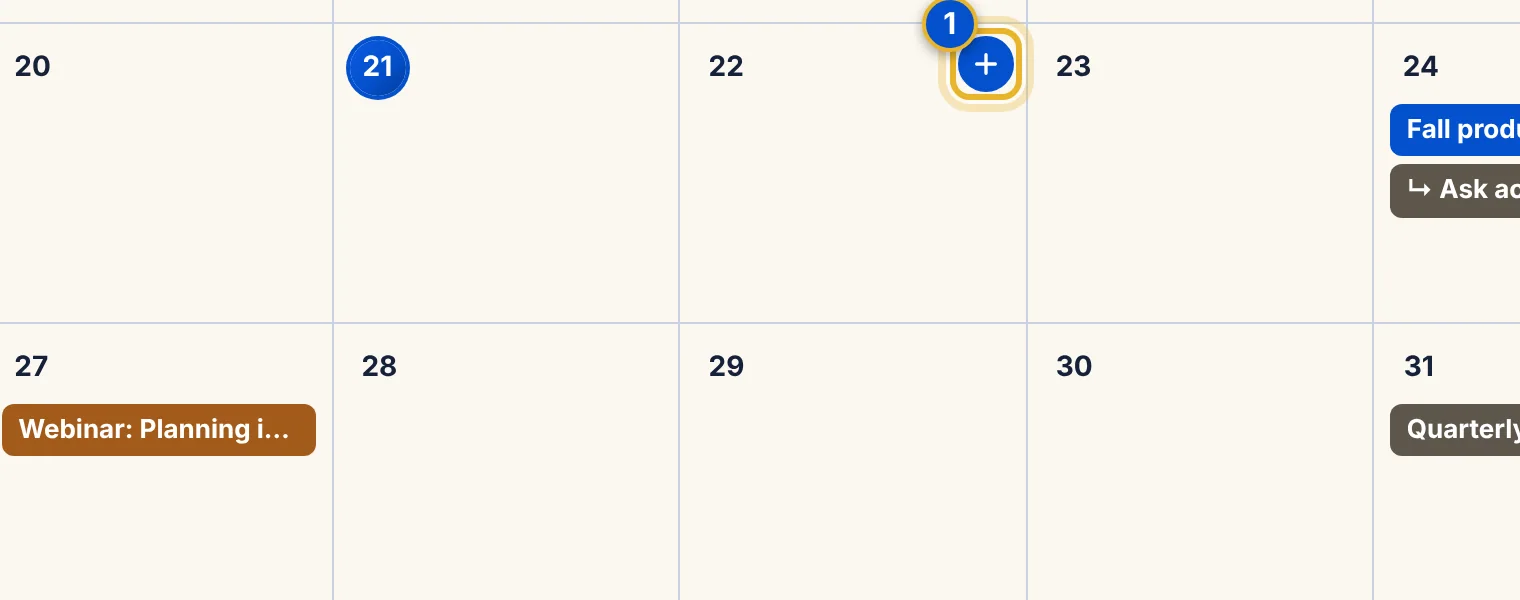 A calendar day showing a round plus button on the 22nd.