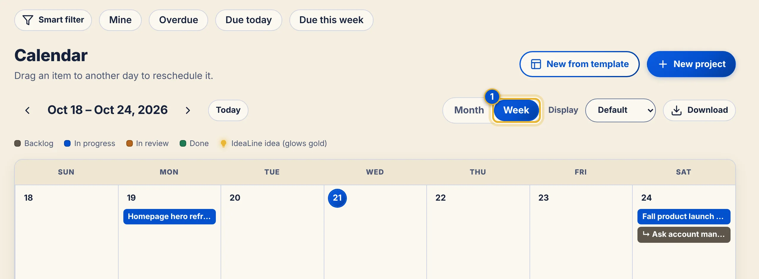 The calendar in week view showing October 18 to 24, 2026 with the Week button highlighted.