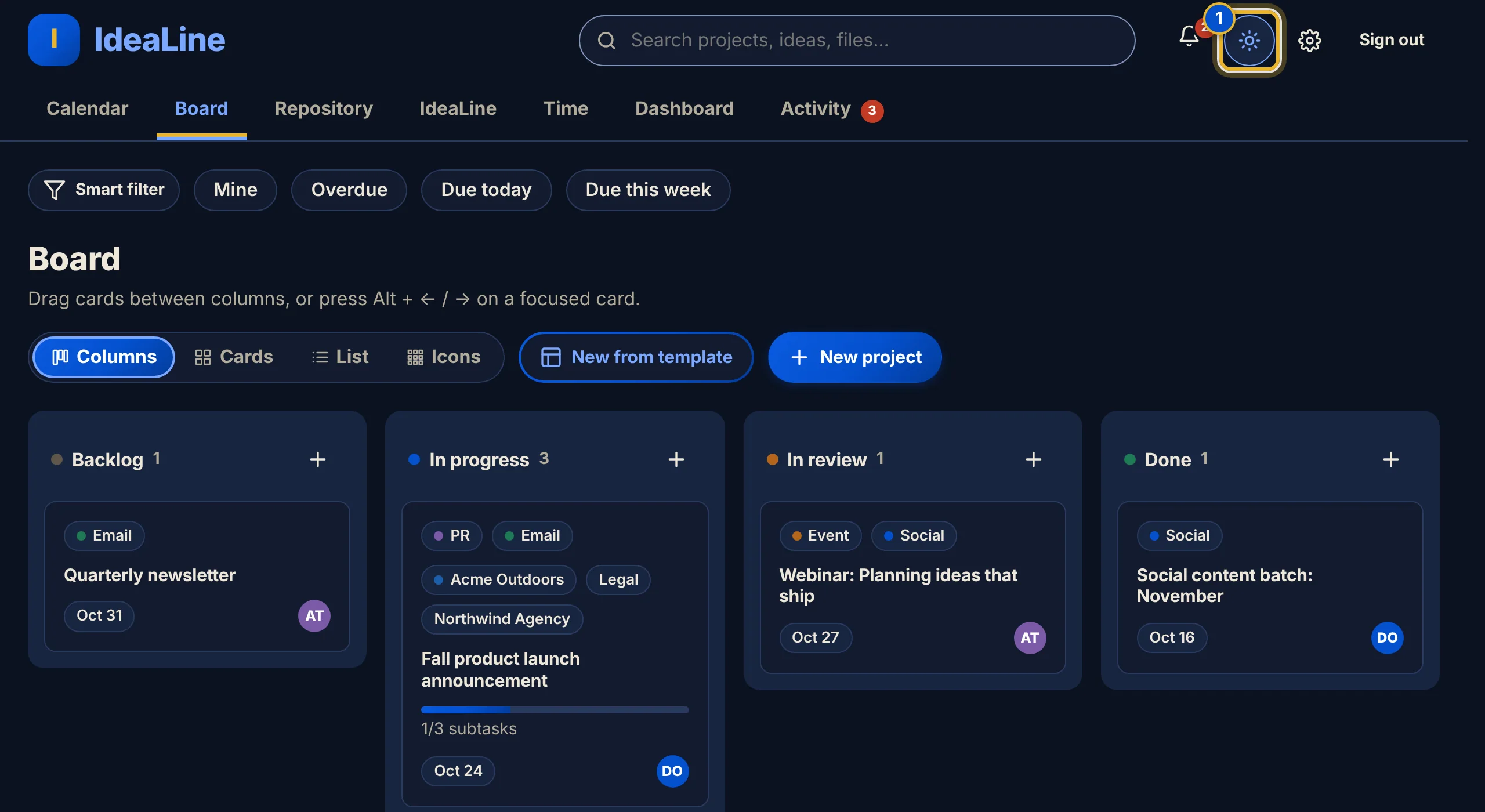 The Board in night mode with a deep navy background, light text and the moon button selected in the header.