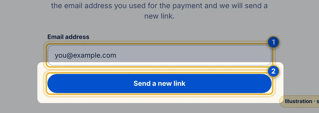 Close-up 2: Send a new link. Stripe emails you a fresh link.