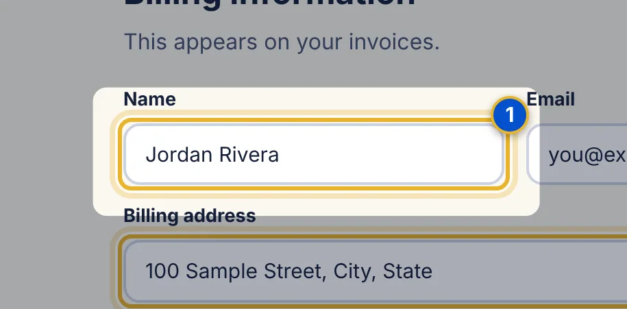 Close-up 1: Name and email for billing.