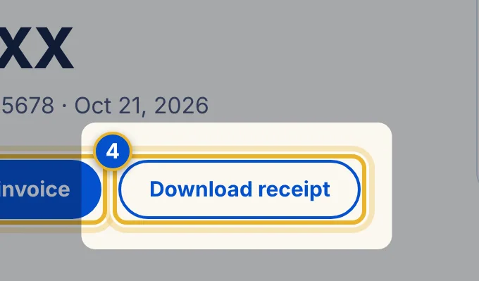 Close-up 4: Download receipt. Saves the matching receipt as a PDF.