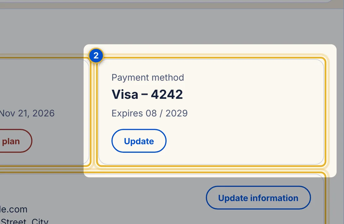 Close-up 2: Payment method. The card on file, with an Update button.