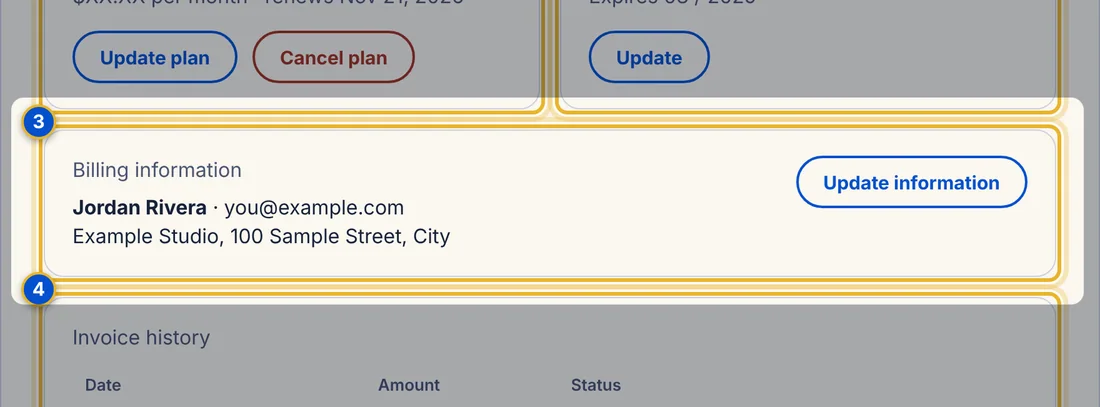 Close-up 3: Billing information. The name, email, address and tax ID printed on invoices.
