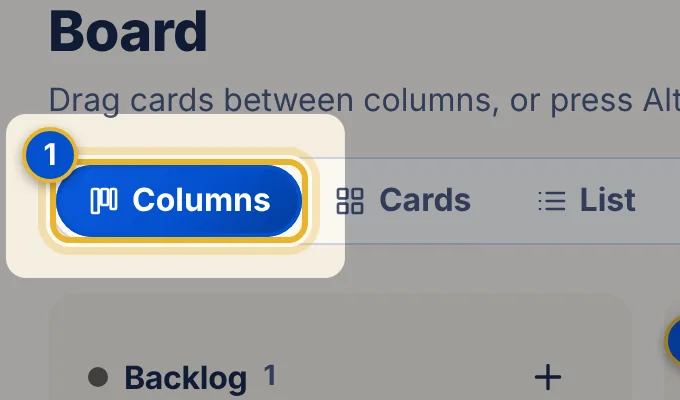 Close-up 1: Layout buttons. Columns, Cards, List and Icons. See Choose Columns, Cards, List or Icons.
