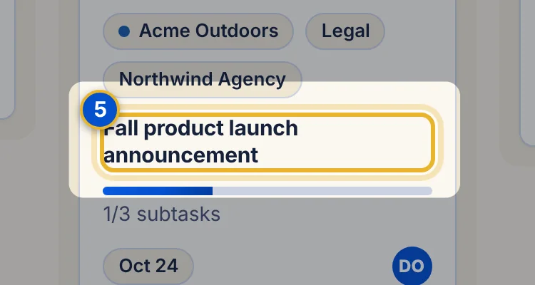 Close-up 5: A card. Shows labels, client, title, subtask progress, due date and the assignee’s initials. A red date means overdue.