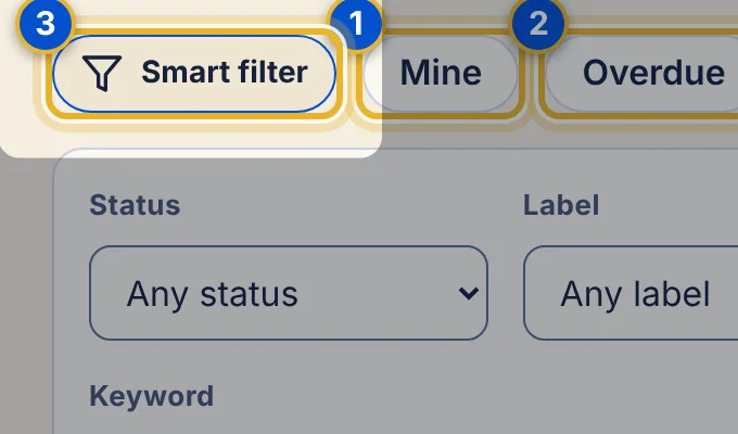 Close-up 3: Smart filter. Opens the panel of detailed filters. The button shows how many are on, for example “Smart filter (2)”.
