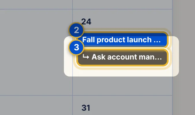 Close-up 3: An item that starts with an arrow is a step from an idea that has a due date. See Add and assign steps to an idea.