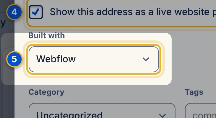 Close-up 5: Built with. Website, Webflow or WordPress. It only changes the label.