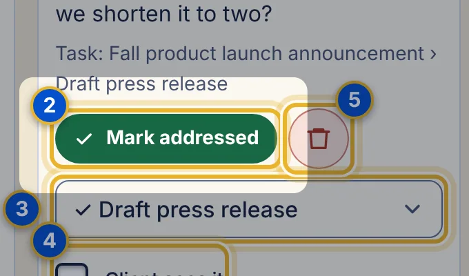 Close-up 2: Mark addressed. Turns the pin green and moves it to Addressed. Choose Reopen to bring it back.
