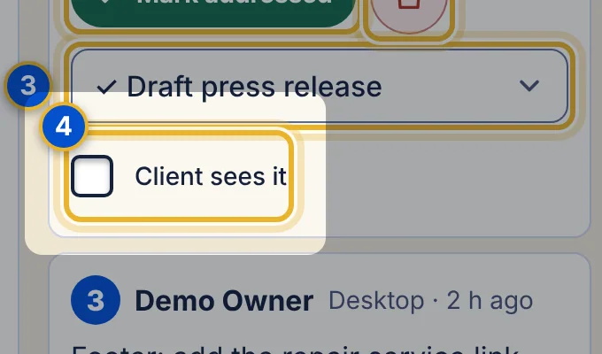 Close-up 4: Client sees it. Shows this team pin on review links for the project.
