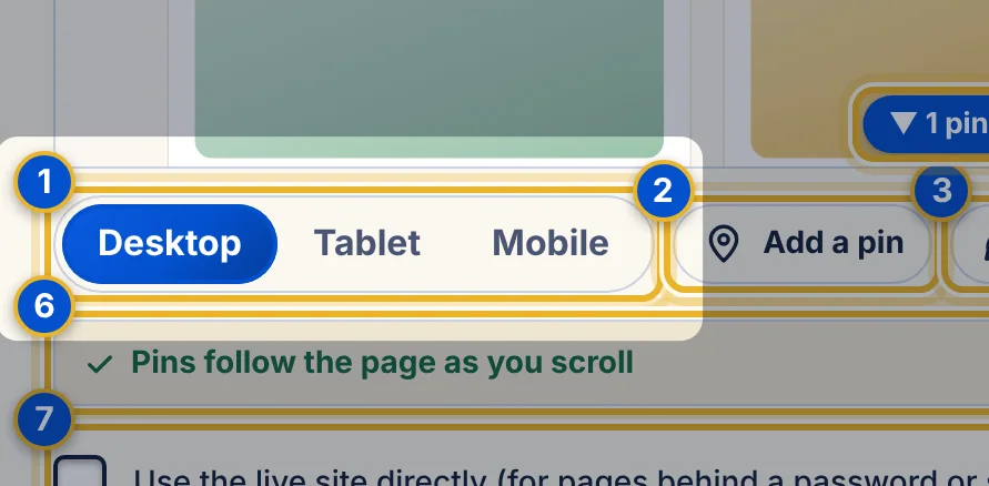 Close-up 1: Device size. Desktop, Tablet or Mobile. Each pin remembers the size it was made at.