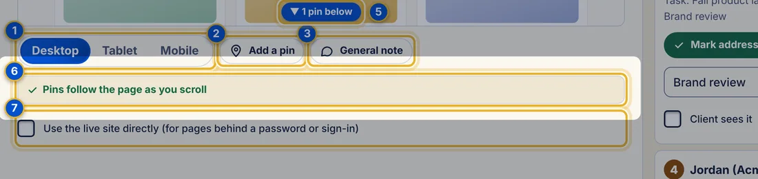 Close-up 6: Status line. “Pins follow the page as you scroll” means pins can go anywhere.