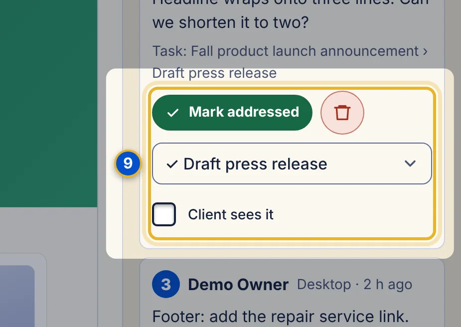 Close-up 9: Pin actions. Mark addressed, link a task, show to clients or delete.