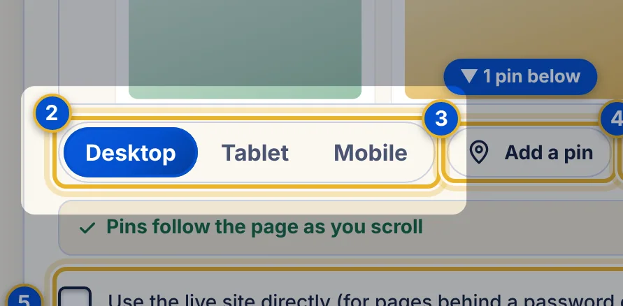 Close-up 2: Device size. Website previews at desktop, tablet or mobile size.