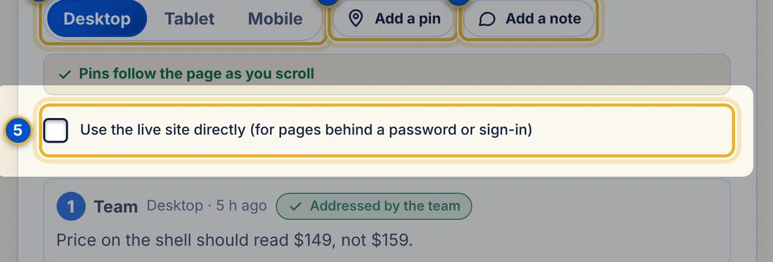 Close-up 5: Use the live site directly. For pages behind a password or sign-in.