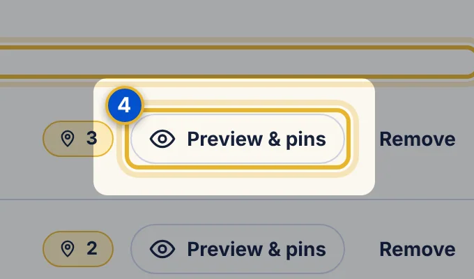 Close-up 4: Preview & pins. Opens the viewer with this project already chosen as the linked task. The badge beside it counts the file’s open pins.
