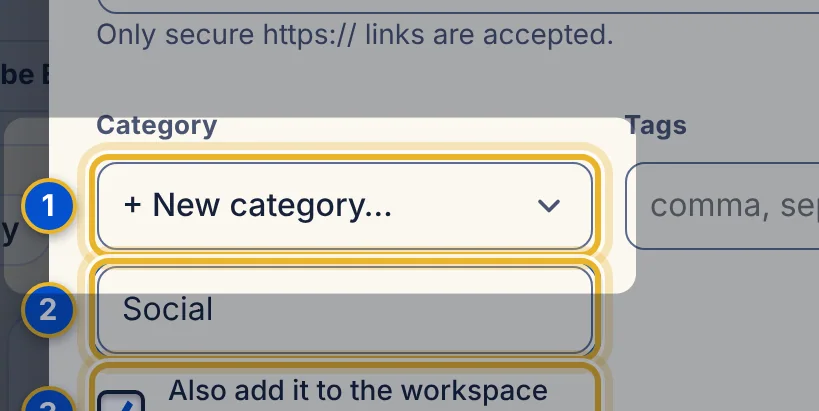 Close-up 1: Category. Choose + New category… at the bottom of the list.