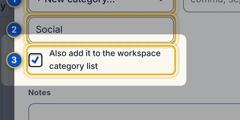 Close-up 3: Also add it to the workspace category list. Shown to owners and admins. Leave it ticked so the category appears in the list and as a filter chip for everyone.