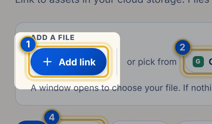 Close-up 1: Add link. Paste a share link to a file. See Add a file link to the Repository.