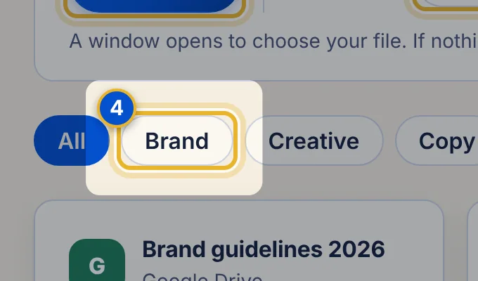 Close-up 4: Category chips. All, Brand, Creative, Copy, Research and Reports. They filter the list.