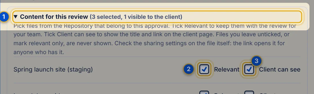 Close-up 1: Content for this review. Shows how many files are selected and how many the client can see.