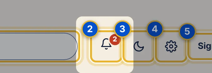 Close-up 2: Notification bell. Shows when someone @mentions you or assigns you work. The red number counts what is new. See Use the notification bell.