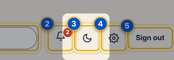 Close-up 3: Color mode (moon). Switches between light and night mode. See Switch to night mode.