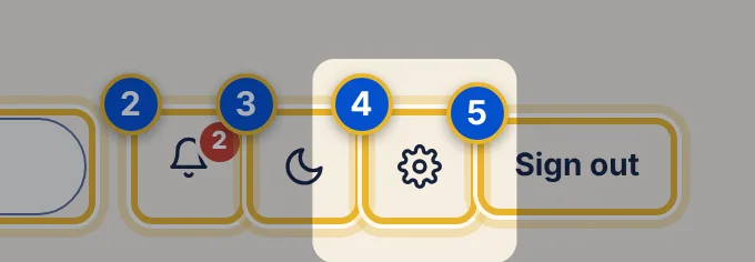Close-up 4: Settings (gear). Opens your profile, display options and, for owners and admins, workspace settings. See Settings, explained.
