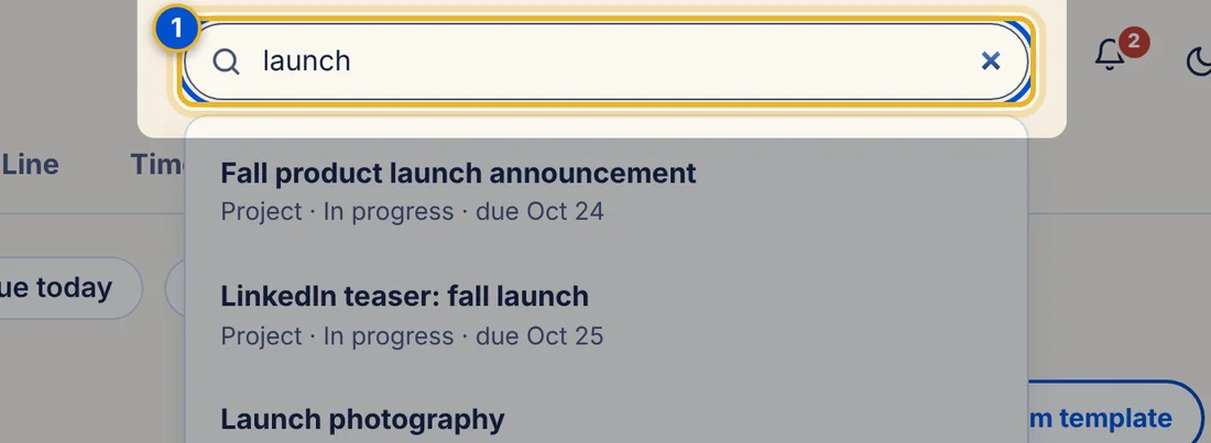 Close-up 1: Search box. Opens a list of matches as you type.