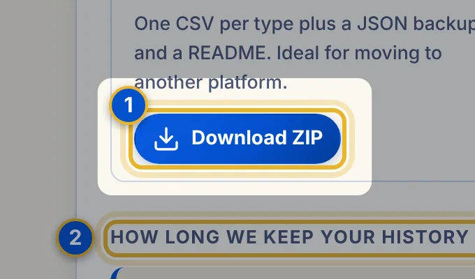 Close-up 1: Download ZIP button (Excel and JSON are next to it)