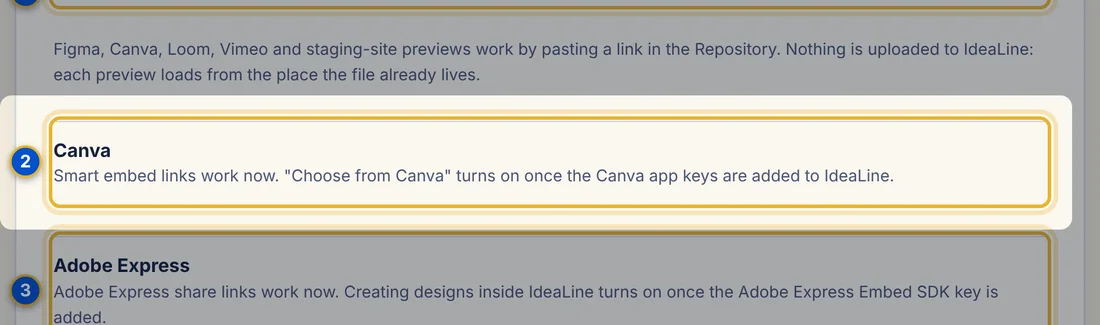Close-up 2: Canva. Shows whether you are connected, with Connect Canva or Disconnect.