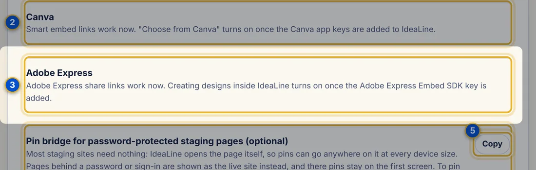Close-up 3: Adobe Express. Shows whether creating designs inside IdeaLine is switched on.