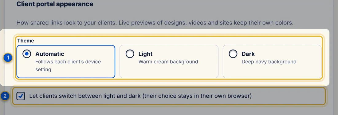 Close-up 1: Theme. Automatic follows each client’s device setting. Light is a warm cream background. Dark is a deep navy background.