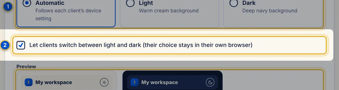 Close-up 2: Let clients switch between light and dark. Adds a Dark mode switch to the top of the client page.