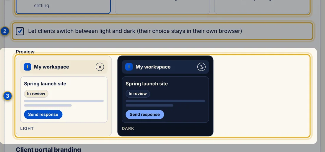 Close-up 3: Preview. Shows what clients will see. Automatic shows both looks.