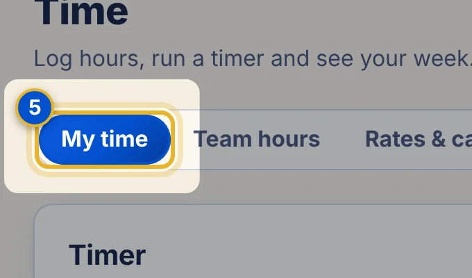 Close-up 5: Sub-tabs. My time, Team hours, Rates & capacity and Workload.