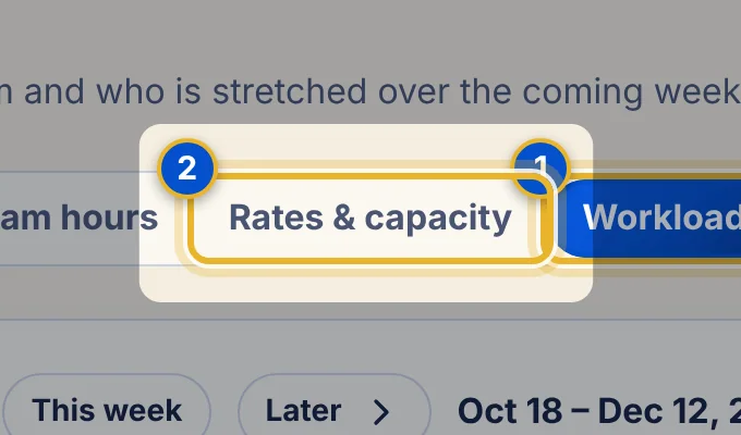 Close-up 2: Rates & capacity sub-tab, where hours per week are set
