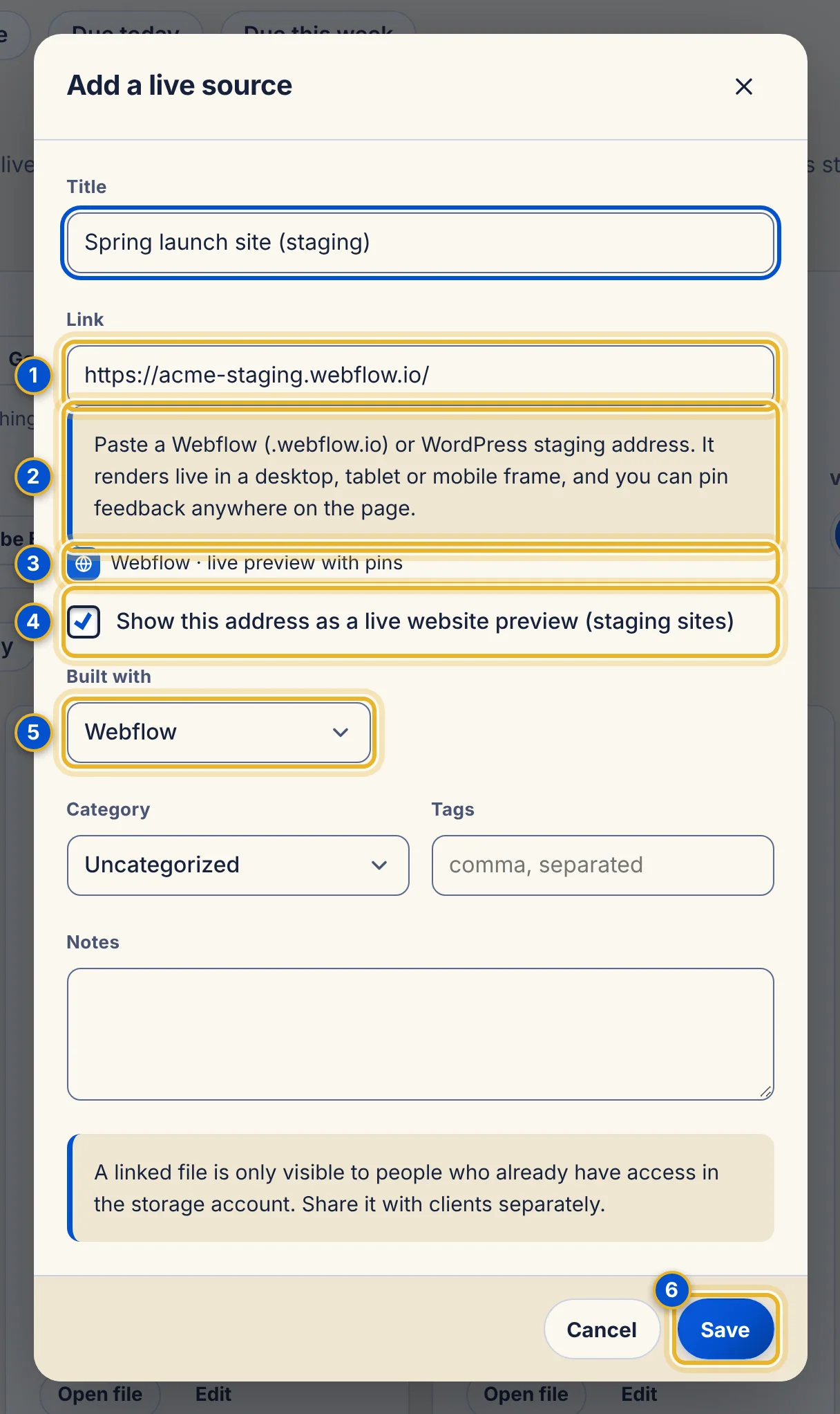 The Add a live source window for a staging site, with six numbered areas: the Link box, the tip for this source, the detected source line, the website preview checkbox, the Built with list and the Save button.