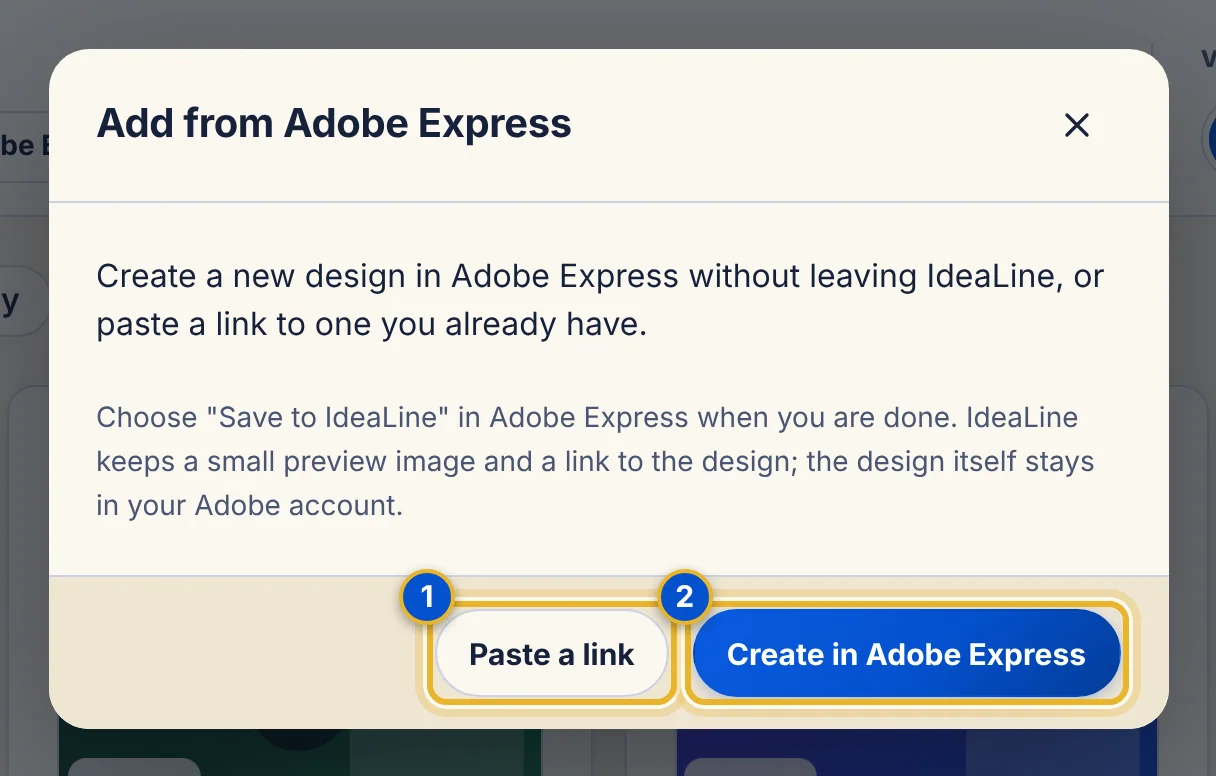 The Add from Adobe Express window with two numbered buttons: Paste a link and Create in Adobe Express.